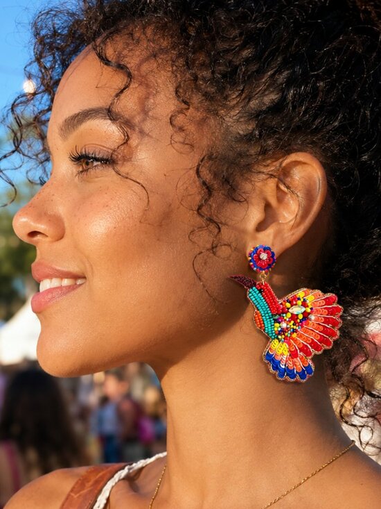 Etsy Brand Jewelry - Seed Beaded Hummingbird Statement Earrings Bold Tropical Summer Glam Dangle Boho